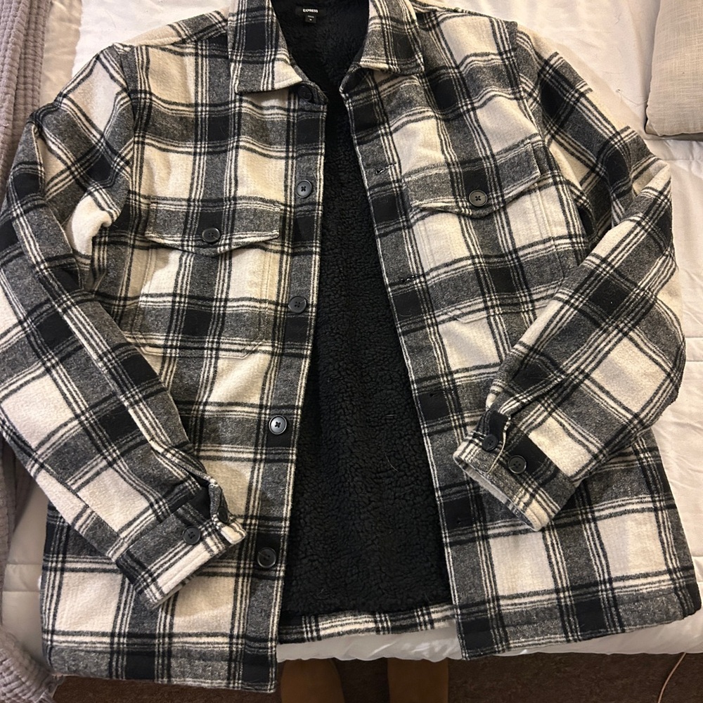 Plaid Black and White Men's Sherpa Lined Jacket - Express
